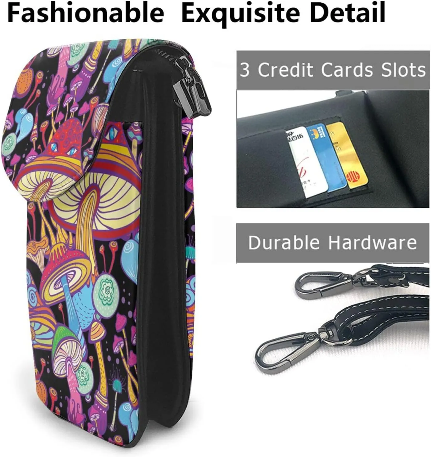 Doodle Mushrooms Leather Small Crossbody Bags for Women Cell Phone Purse Wallet Adjustable Strap