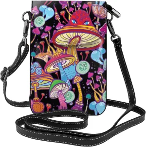 Doodle Mushrooms Leather Small Crossbody Bags for Women Cell Phone Purse Wallet Adjustable Strap