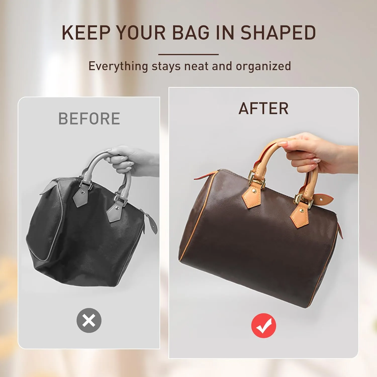 Doxo Bag Organizer Insert, Purse Organizer Insert Compatible with Speedy 30, Neverfull MM, le pliage Large and More, Lightweight Dupontpaper Bag Insert with Zip, 11 Pockets(Brown, L)