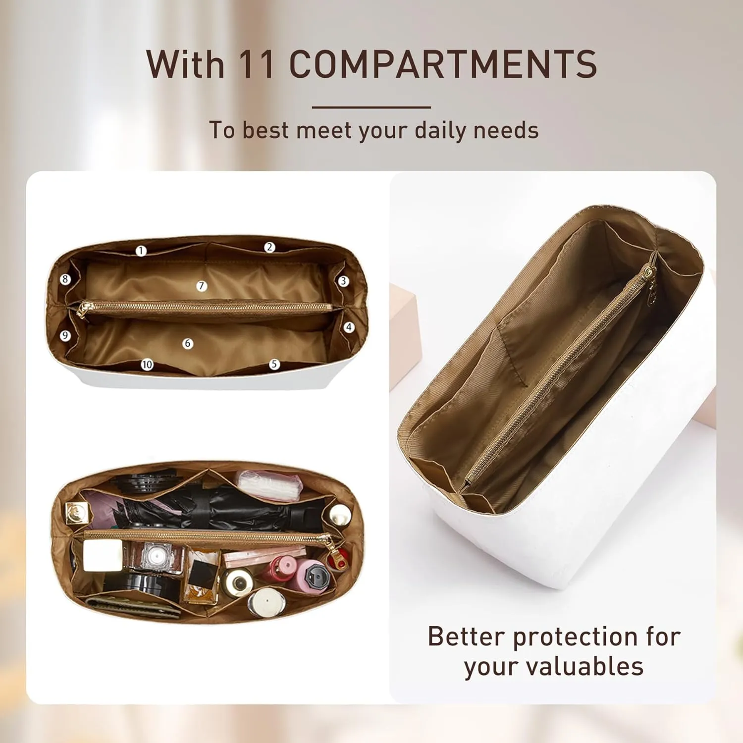 Doxo Bag Organizer Insert, Purse Organizer Insert Compatible with Speedy 30, Neverfull MM, le pliage Large and More, Lightweight Dupontpaper Bag Insert with Zip, 11 Pockets(Brown, L)