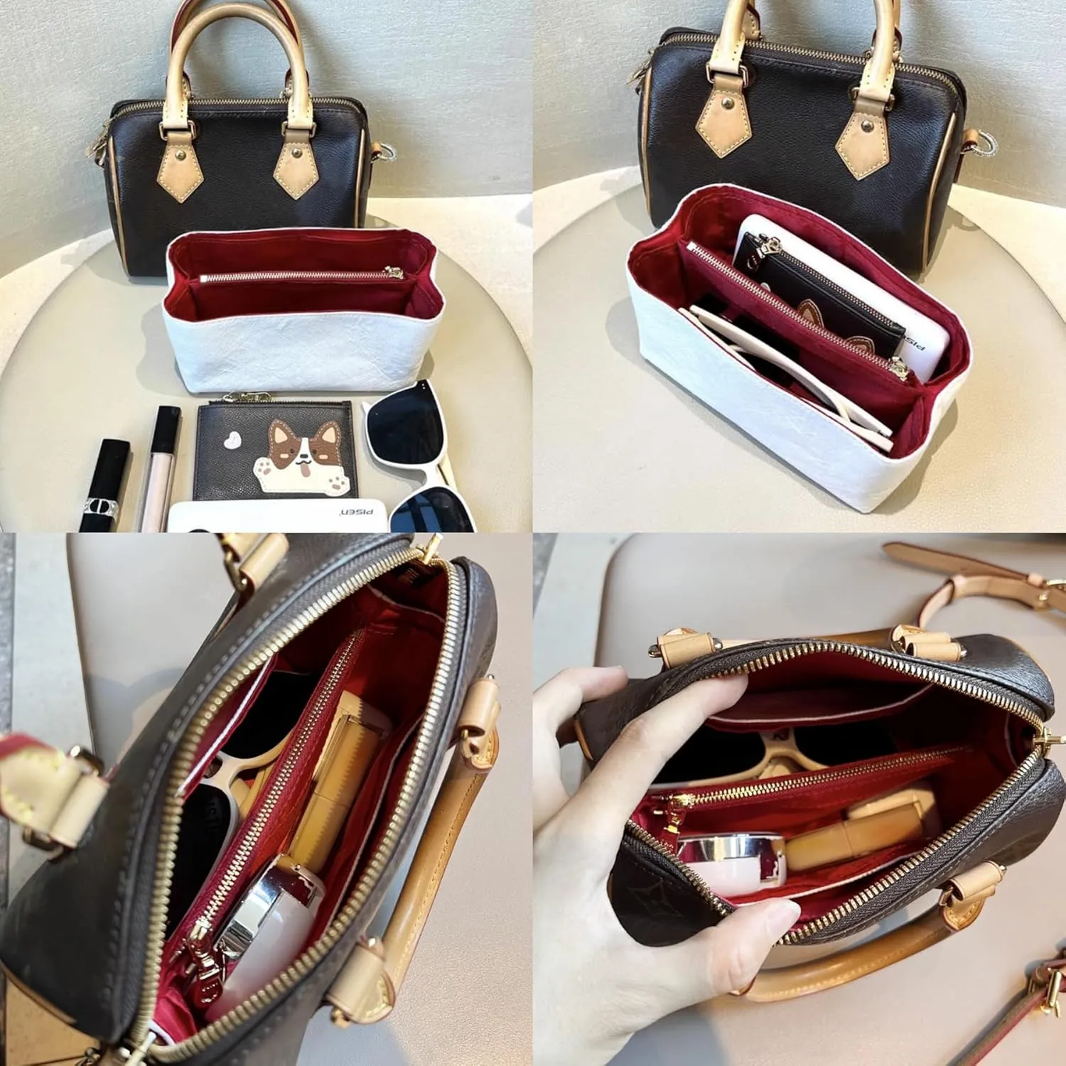 Doxo Bag Organizer Insert, Purse Organizer Insert Compatible with Speedy 30, Neverfull MM, le pliage Large and More, Lightweight Dupontpaper Bag Insert with Zip, 11 Pockets(Brown, L)