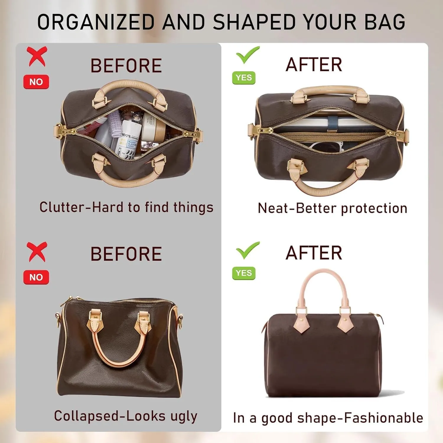 Doxo Bag Organizer Insert, Purse Organizer Insert Compatible with Speedy 30, Neverfull MM, le pliage Large and More, Lightweight Dupontpaper Bag Insert with Zip, 11 Pockets(Brown, L)