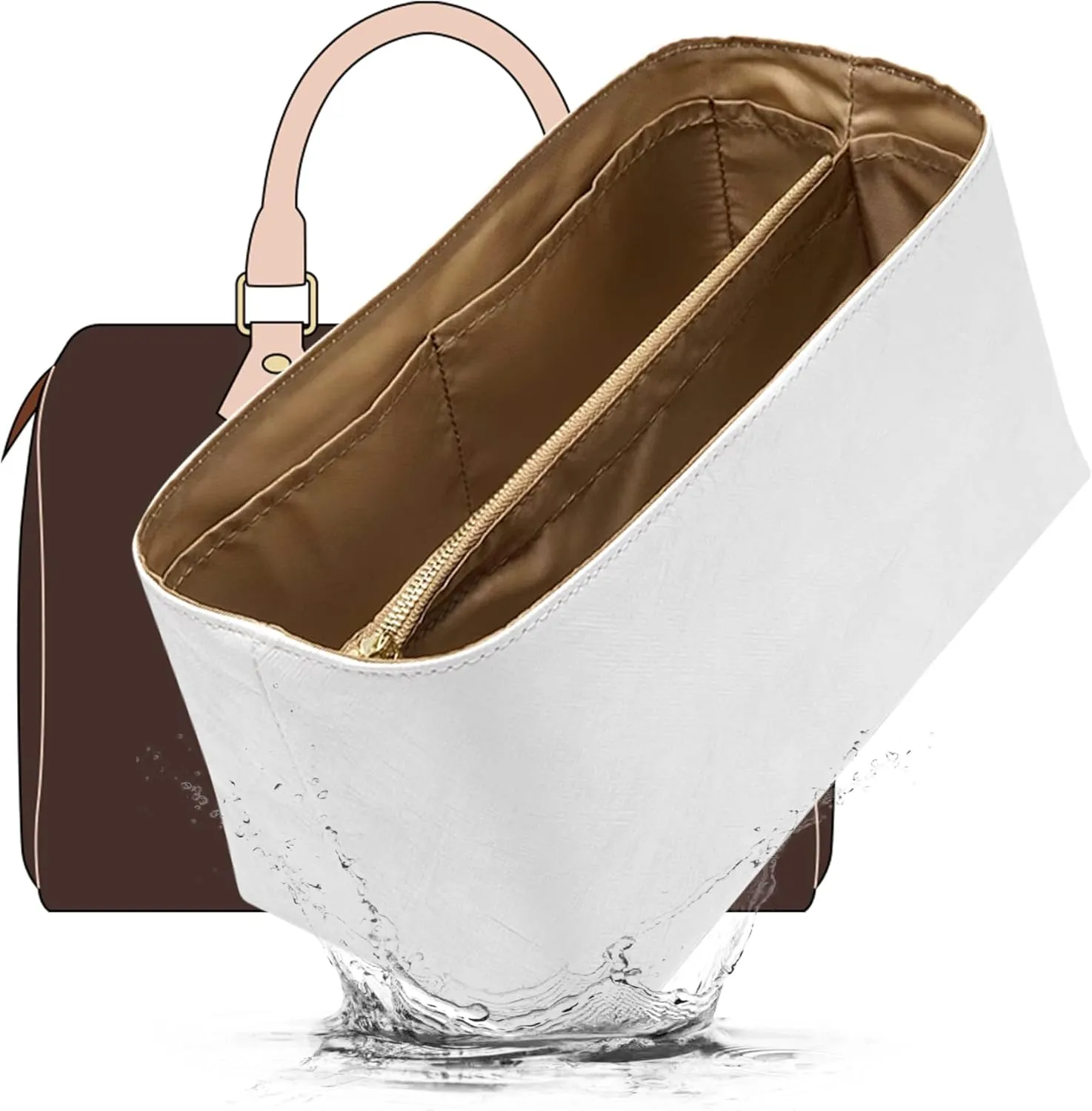 Doxo Bag Organizer Insert, Purse Organizer Insert Compatible with Speedy 30, Neverfull MM, le pliage Large and More, Lightweight Dupontpaper Bag Insert with Zip, 11 Pockets(Brown, L)