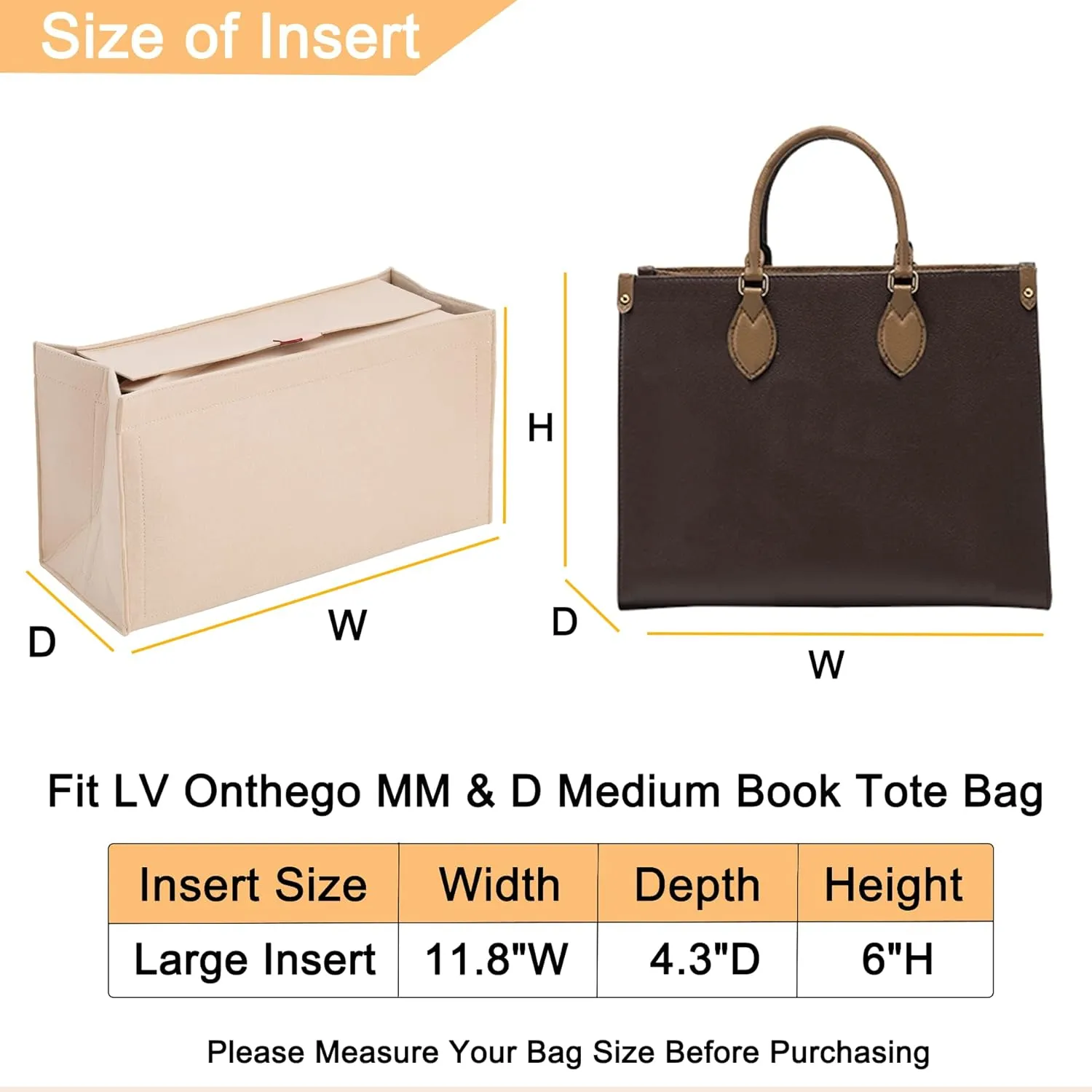 Doxo Purse Organizer Insert, Felt Tote Bag Insert with Zipper, Perfect for Onthego MM 35 & D Book Tote Medium and More(Beige-With Cover, L)