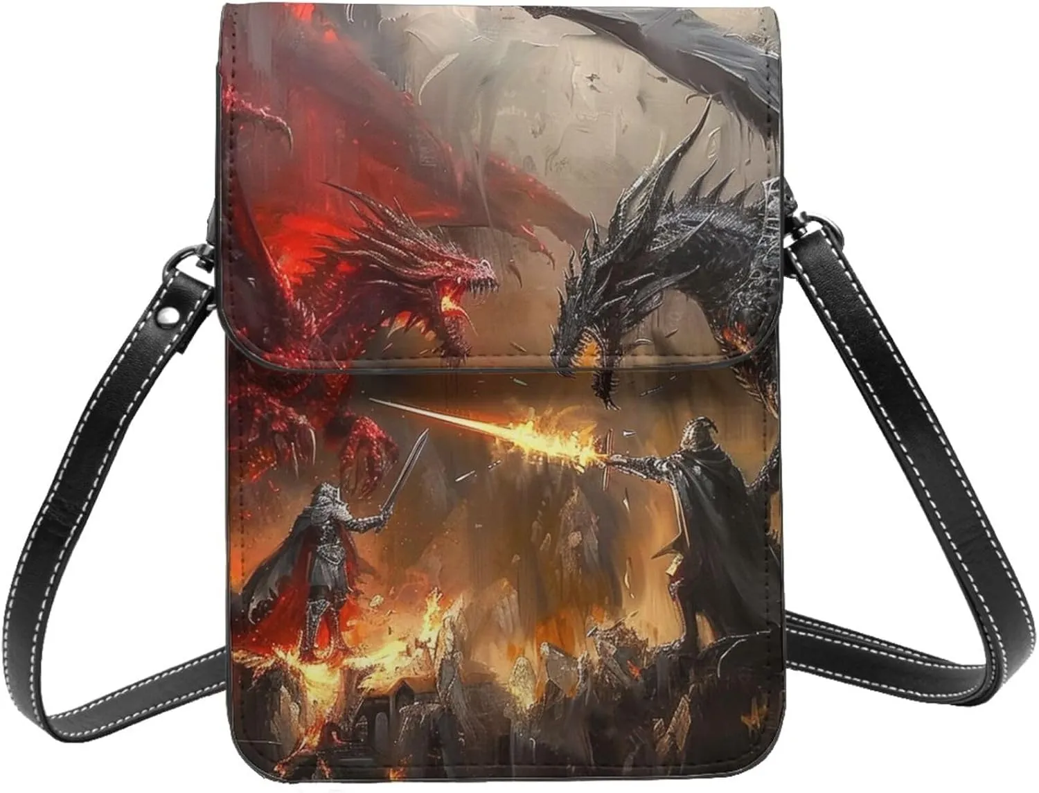 Dragon And Knight Fantasy Art Painting Crossbody Cell Phone Purse For Women Teen Girls Leather Small Crossbody Bag Mini Phone Pouch Purse, 7.5x5.3 Inches