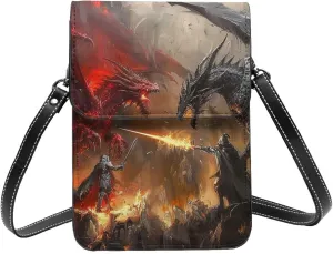 Dragon And Knight Fantasy Art Painting Crossbody Cell Phone Purse For Women Teen Girls Leather Small Crossbody Bag Mini Phone Pouch Purse, 7.5x5.3 Inches