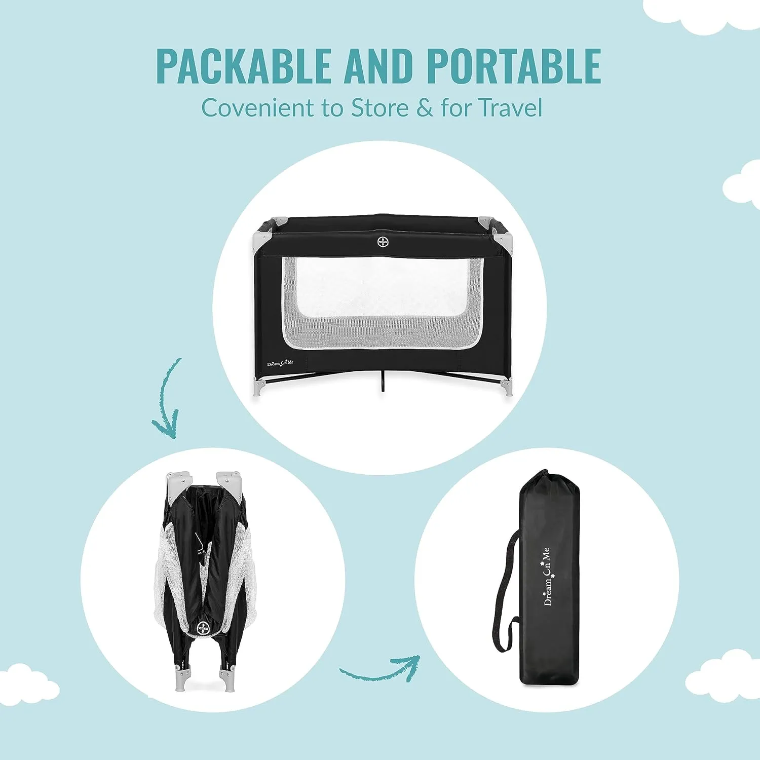 Dream On Me Zoom Portable Playard in Black, Lightweight, Packable and Easy Setup Baby Playard, Breathable Mesh Sides and Soft Fabric - Comes with a Removable Padded Mat