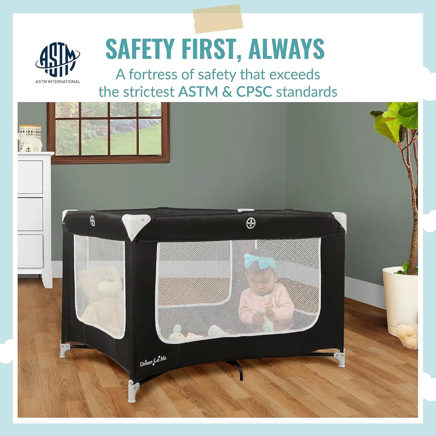 Dream On Me Zoom Portable Playard in Black, Lightweight, Packable and Easy Setup Baby Playard, Breathable Mesh Sides and Soft Fabric - Comes with a Removable Padded Mat