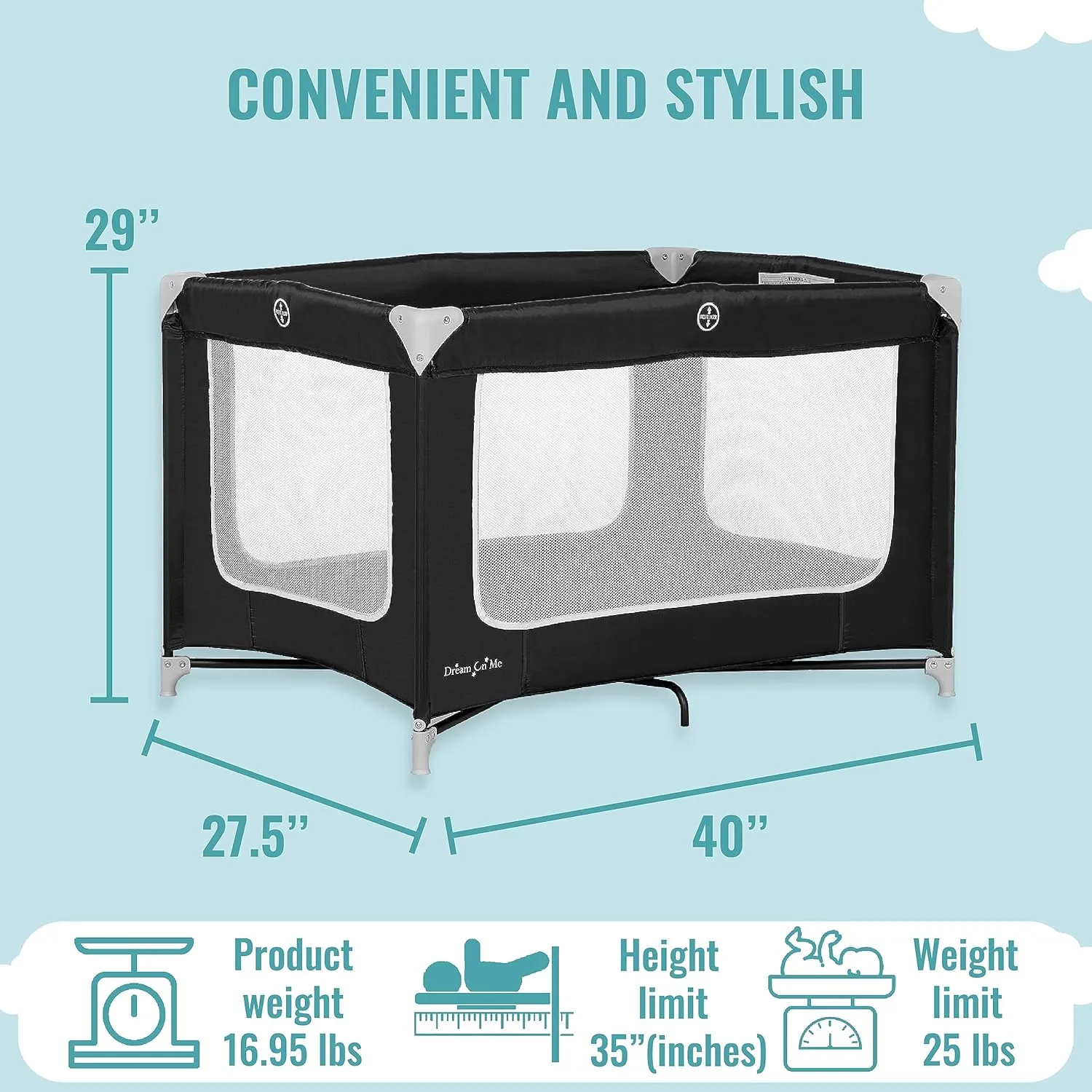 Dream On Me Zoom Portable Playard in Black, Lightweight, Packable and Easy Setup Baby Playard, Breathable Mesh Sides and Soft Fabric - Comes with a Removable Padded Mat