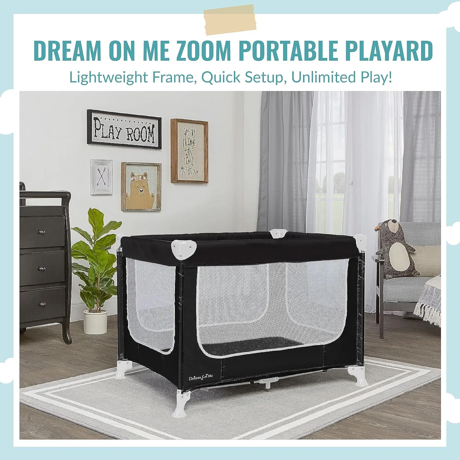 Dream On Me Zoom Portable Playard in Black, Lightweight, Packable and Easy Setup Baby Playard, Breathable Mesh Sides and Soft Fabric - Comes with a Removable Padded Mat