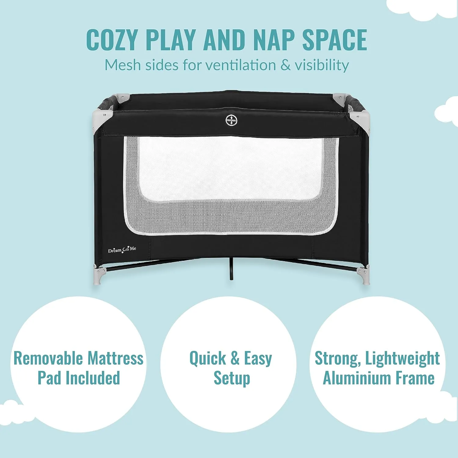 Dream On Me Zoom Portable Playard in Black, Lightweight, Packable and Easy Setup Baby Playard, Breathable Mesh Sides and Soft Fabric - Comes with a Removable Padded Mat