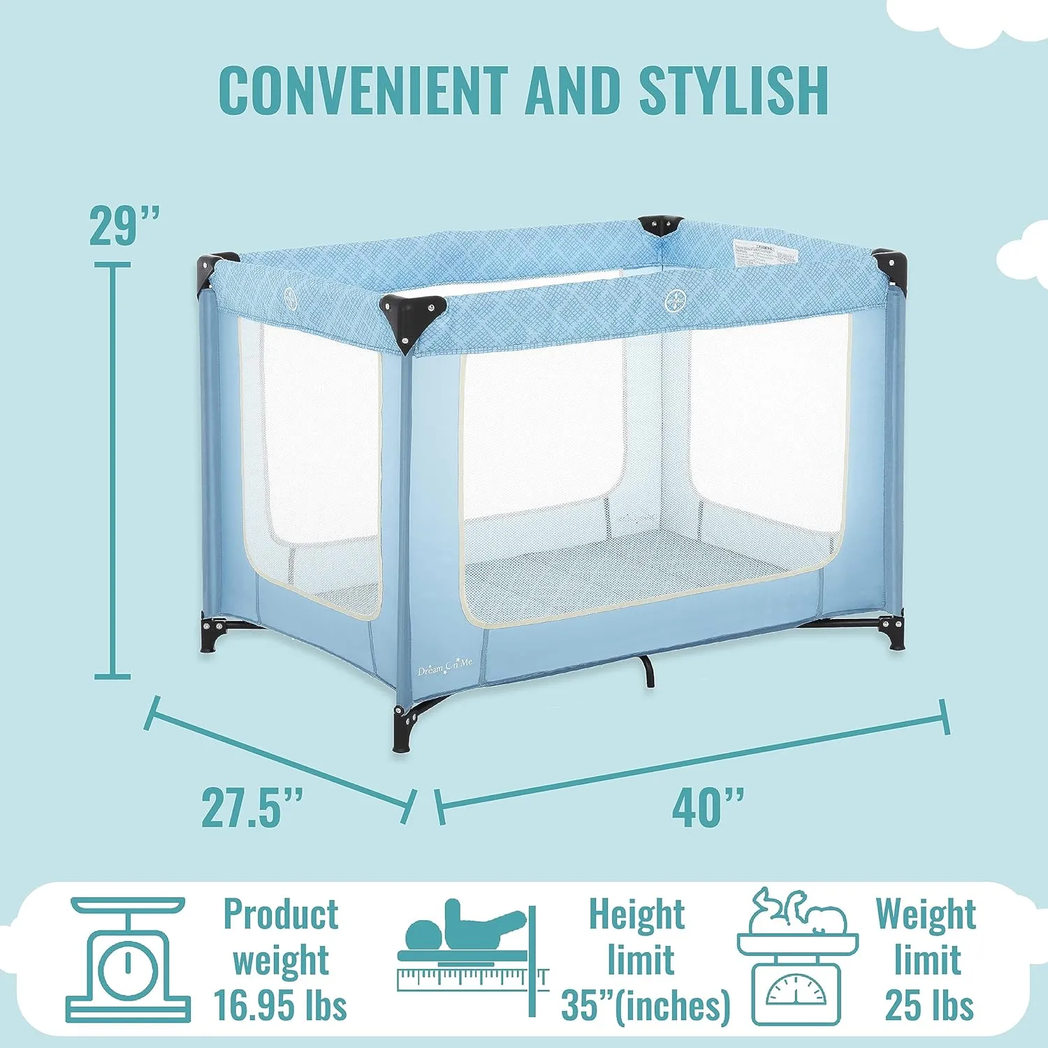 Dream On Me Zoom Portable Playard in Blue, Lightweight, Packable and Easy Setup Baby Playard, Breathable Mesh Sides and Soft Fabric - Comes with a Removable Padded Mat