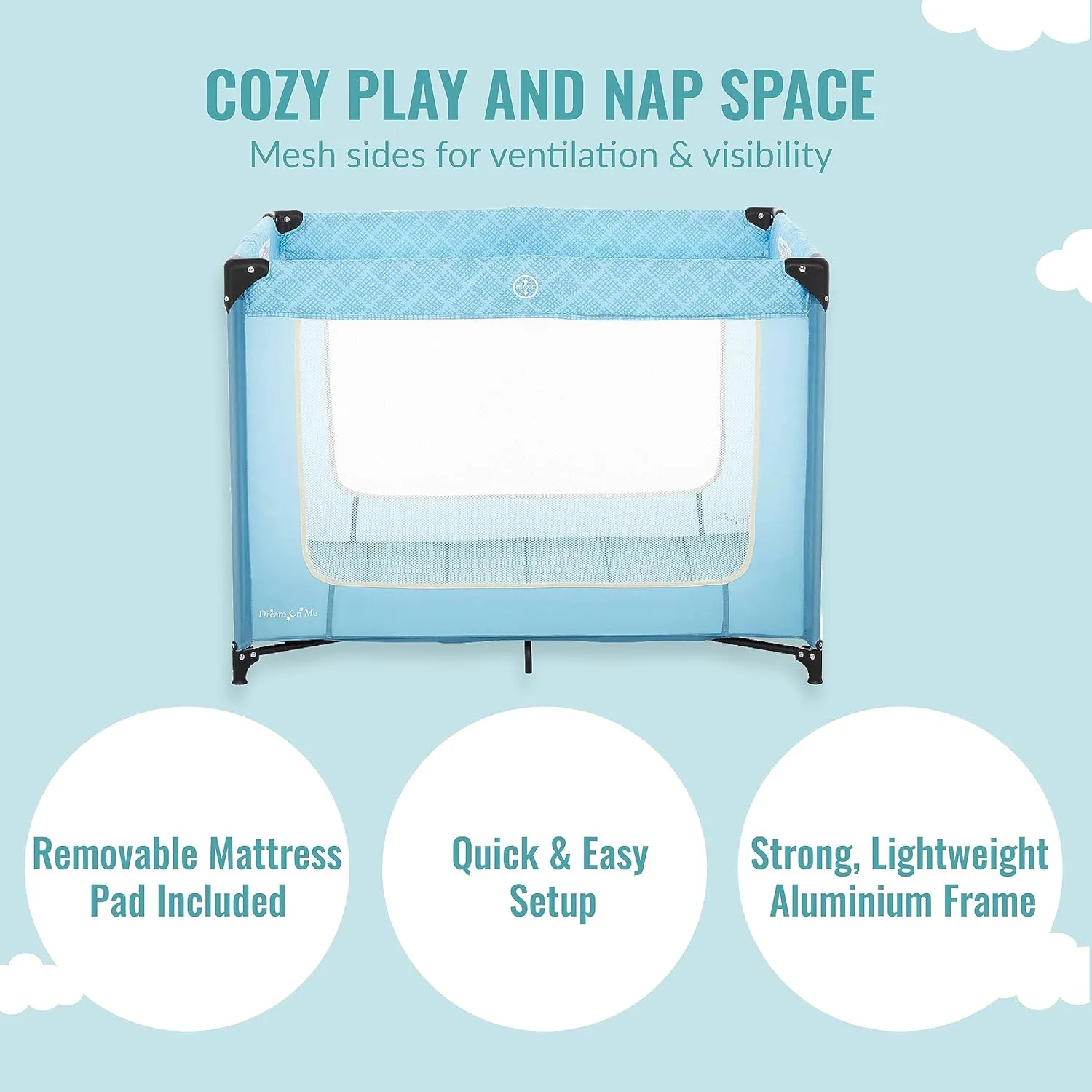 Dream On Me Zoom Portable Playard in Blue, Lightweight, Packable and Easy Setup Baby Playard, Breathable Mesh Sides and Soft Fabric - Comes with a Removable Padded Mat