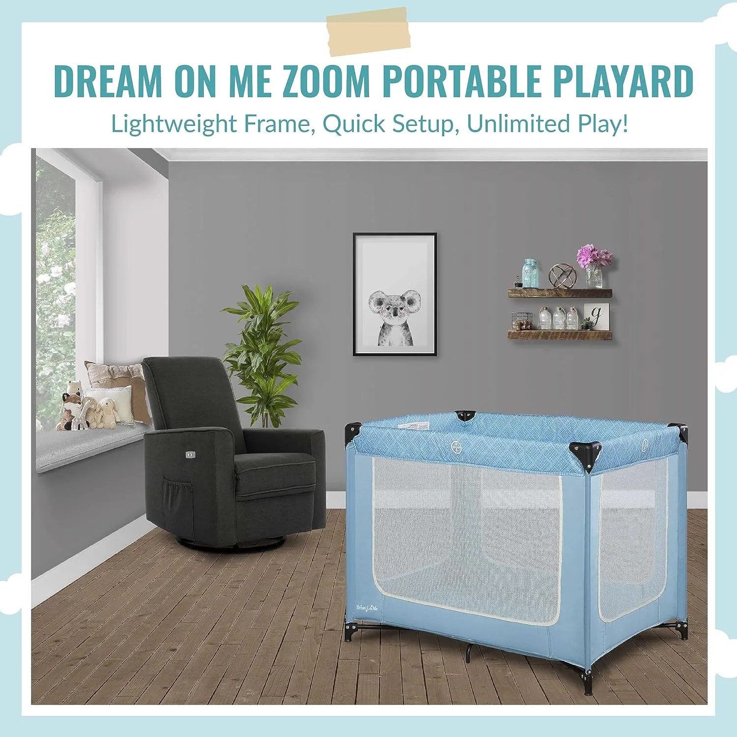Dream On Me Zoom Portable Playard in Blue, Lightweight, Packable and Easy Setup Baby Playard, Breathable Mesh Sides and Soft Fabric - Comes with a Removable Padded Mat