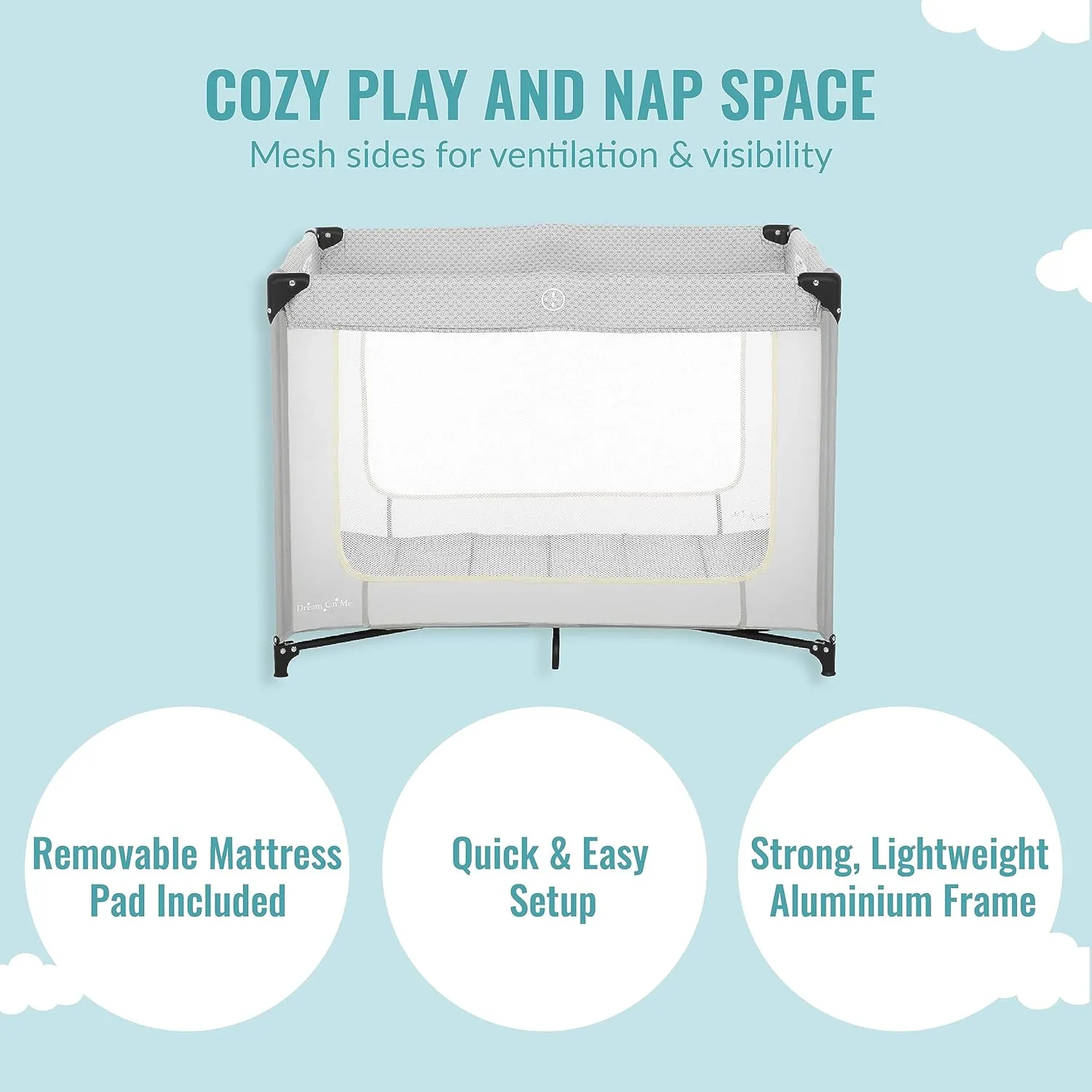 Dream On Me Zoom Portable Playard in Light Grey, Lightweight, Packable and Easy Setup Baby Playard, Breathable Mesh Sides and Soft Fabric - Comes with a Removable Padded Mat