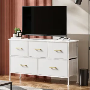 Dresser for Bedroom with 5 Drawers, White Dresser with Fabric Drawer, Drawer Cabinet PU Finish, Metal Handle, Closet Kids Room, TV Stand up to 43 inches, White (White)