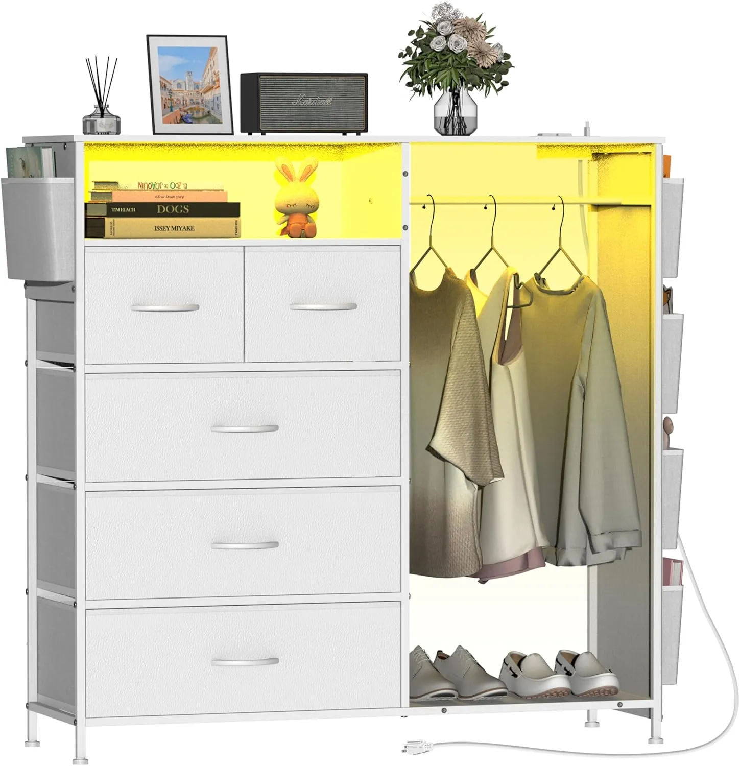 Dresser for Bedroom with Clothes Rack Side Pockets White 5 Drawers Dresser with Charging Station LED Lights Sturdy Steel Frame Wood Top Organizer Unit for Nursery Hallway Closet