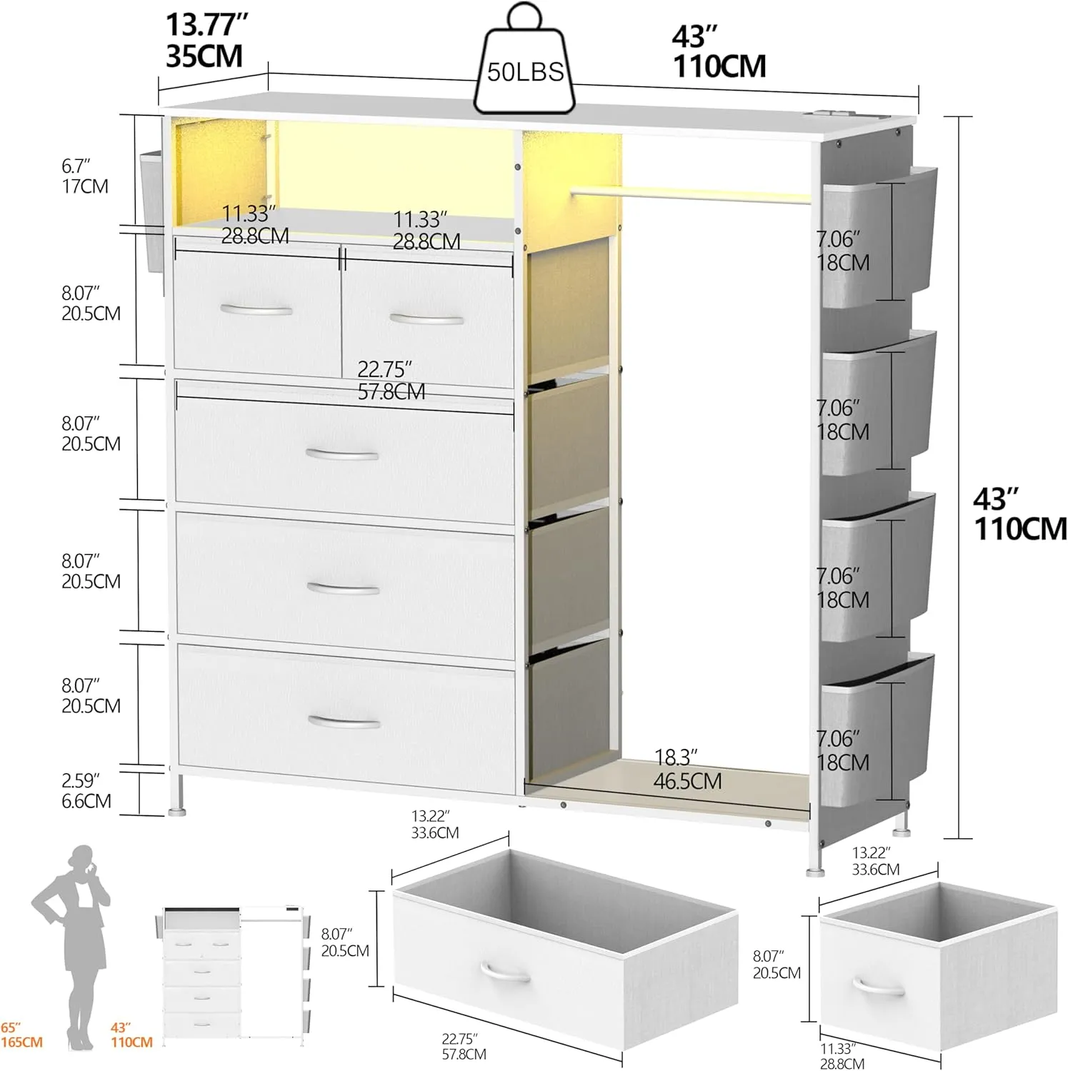 Dresser for Bedroom with Clothes Rack Side Pockets White 5 Drawers Dresser with Charging Station LED Lights Sturdy Steel Frame Wood Top Organizer Unit for Nursery Hallway Closet