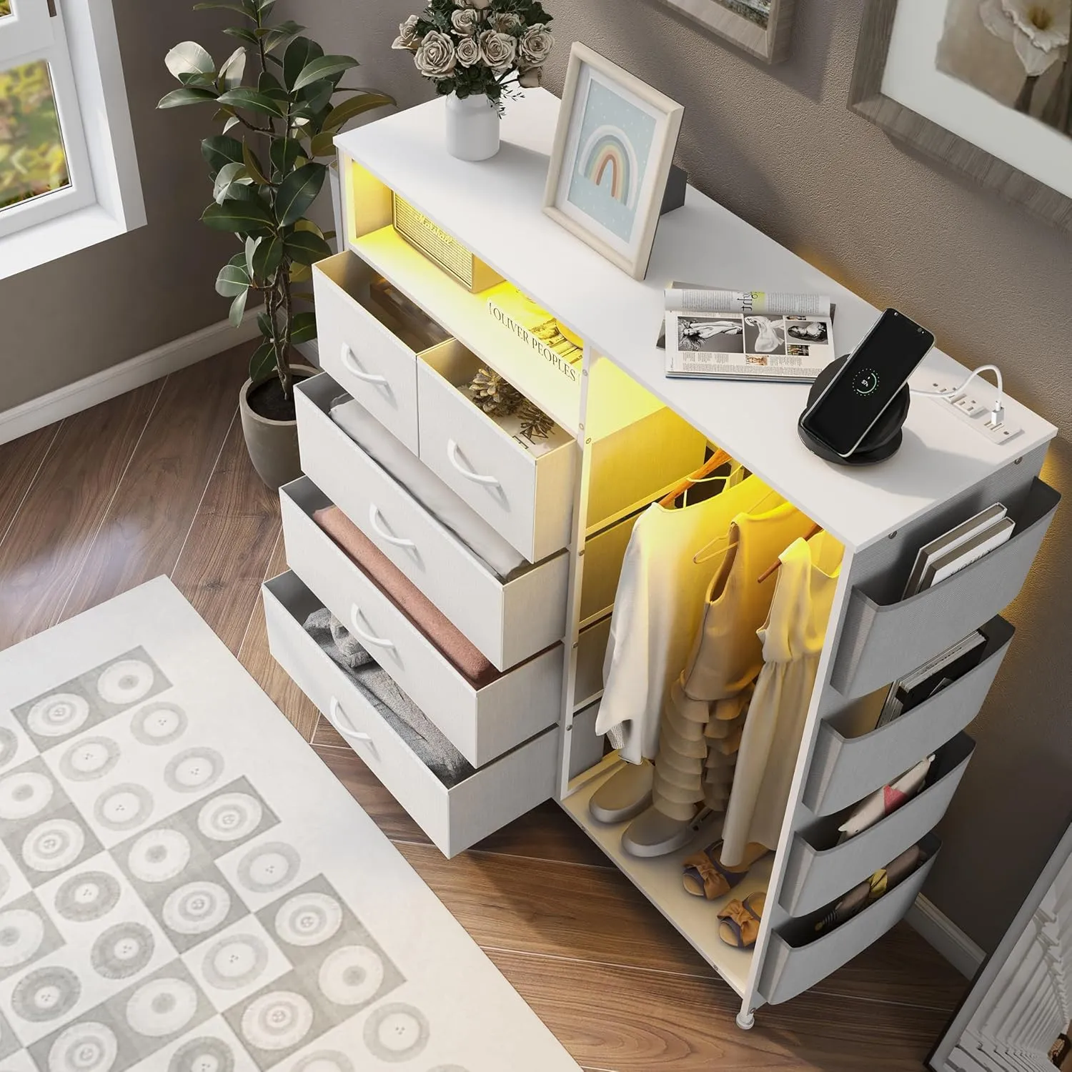 Dresser for Bedroom with Clothes Rack Side Pockets White 5 Drawers Dresser with Charging Station LED Lights Sturdy Steel Frame Wood Top Organizer Unit for Nursery Hallway Closet