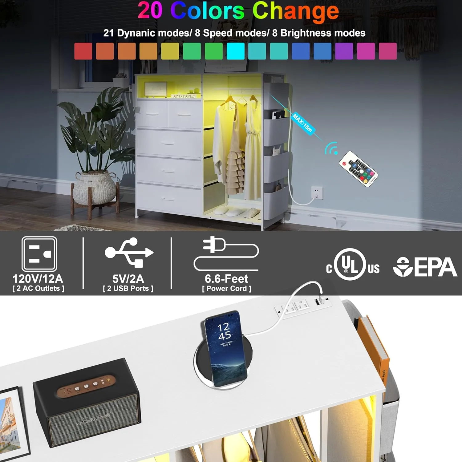 Dresser for Bedroom with Clothes Rack Side Pockets White 5 Drawers Dresser with Charging Station LED Lights Sturdy Steel Frame Wood Top Organizer Unit for Nursery Hallway Closet