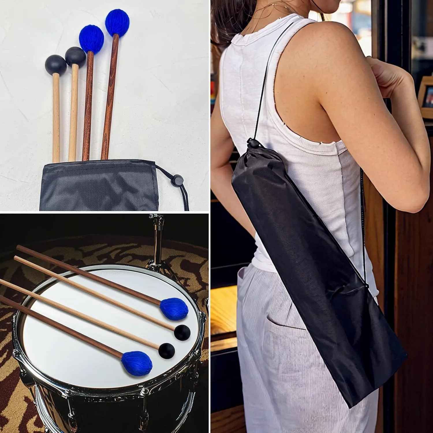 Drum Mallets Kit – 2 Pairs Rubber and Yarn Marimba Mallets with Drumsticks Bag, Percussion instrument Accessories for Steel Drum, Bass, Cymbals, Glockenspiel, Xylophone Mallets for Beginners
