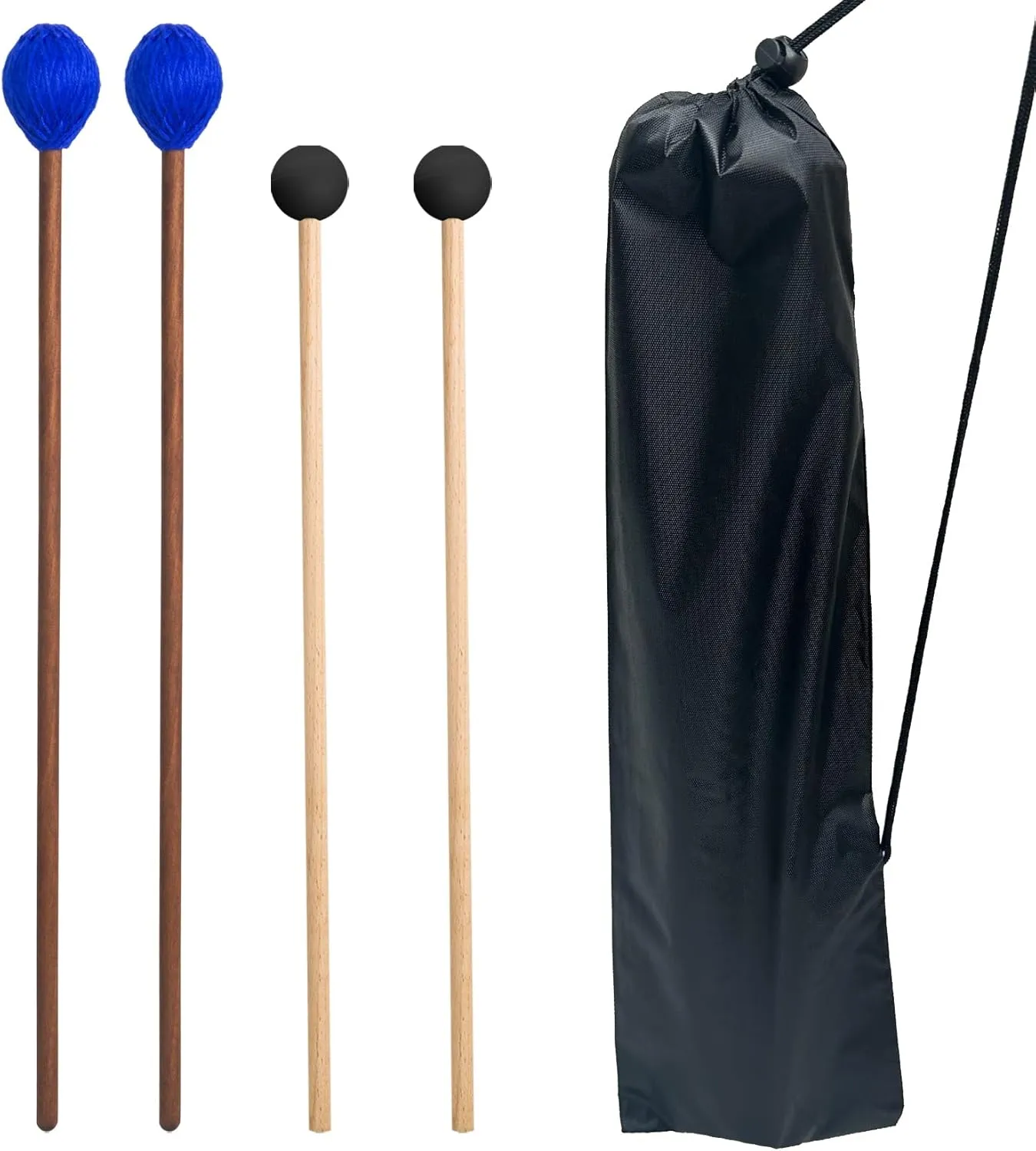Drum Mallets Kit – 2 Pairs Rubber and Yarn Marimba Mallets with Drumsticks Bag, Percussion instrument Accessories for Steel Drum, Bass, Cymbals, Glockenspiel, Xylophone Mallets for Beginners