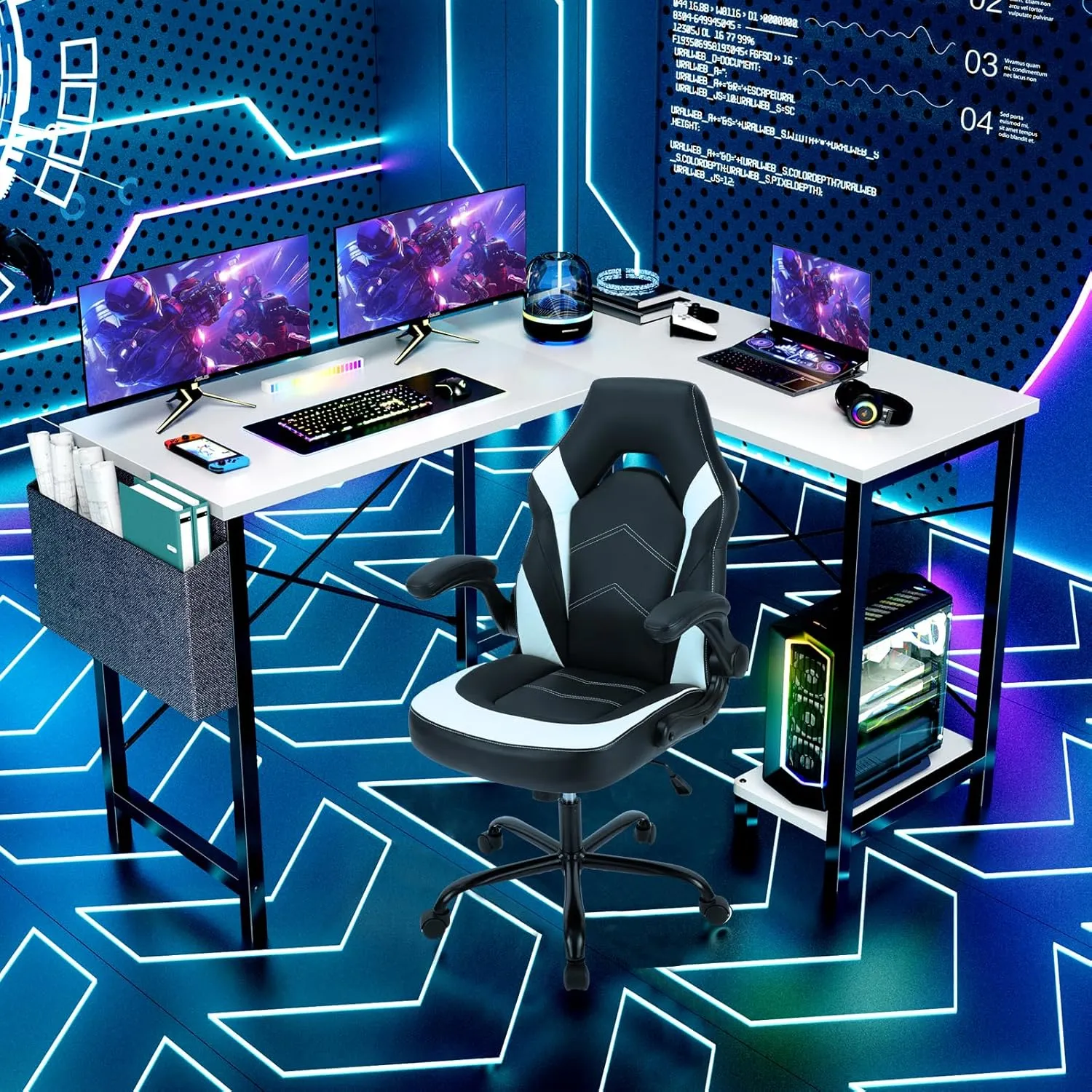 DUMOS L Shaped Computer Desk Gaming Corner 50 Inch Home Office Writing Student Work PC Table with Side Fabric Storage Bag CPU Stand for Bedroom Small Spaces