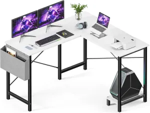 DUMOS L Shaped Computer Desk Gaming Corner 50 Inch Home Office Writing Student Work PC Table with Side Fabric Storage Bag CPU Stand for Bedroom Small Spaces