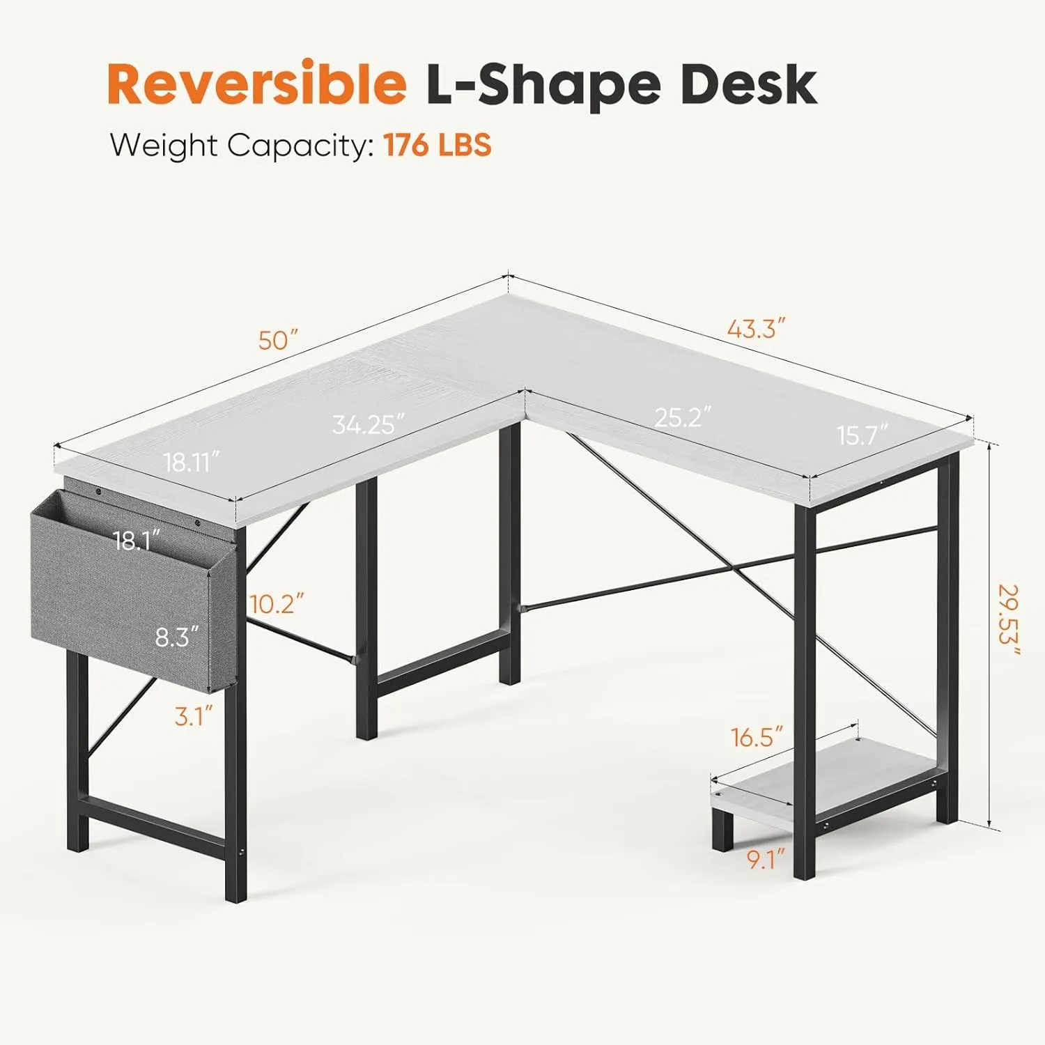 DUMOS L Shaped Computer Desk Gaming Corner 50 Inch Home Office Writing Student Work PC Table with Side Fabric Storage Bag CPU Stand for Bedroom Small Spaces