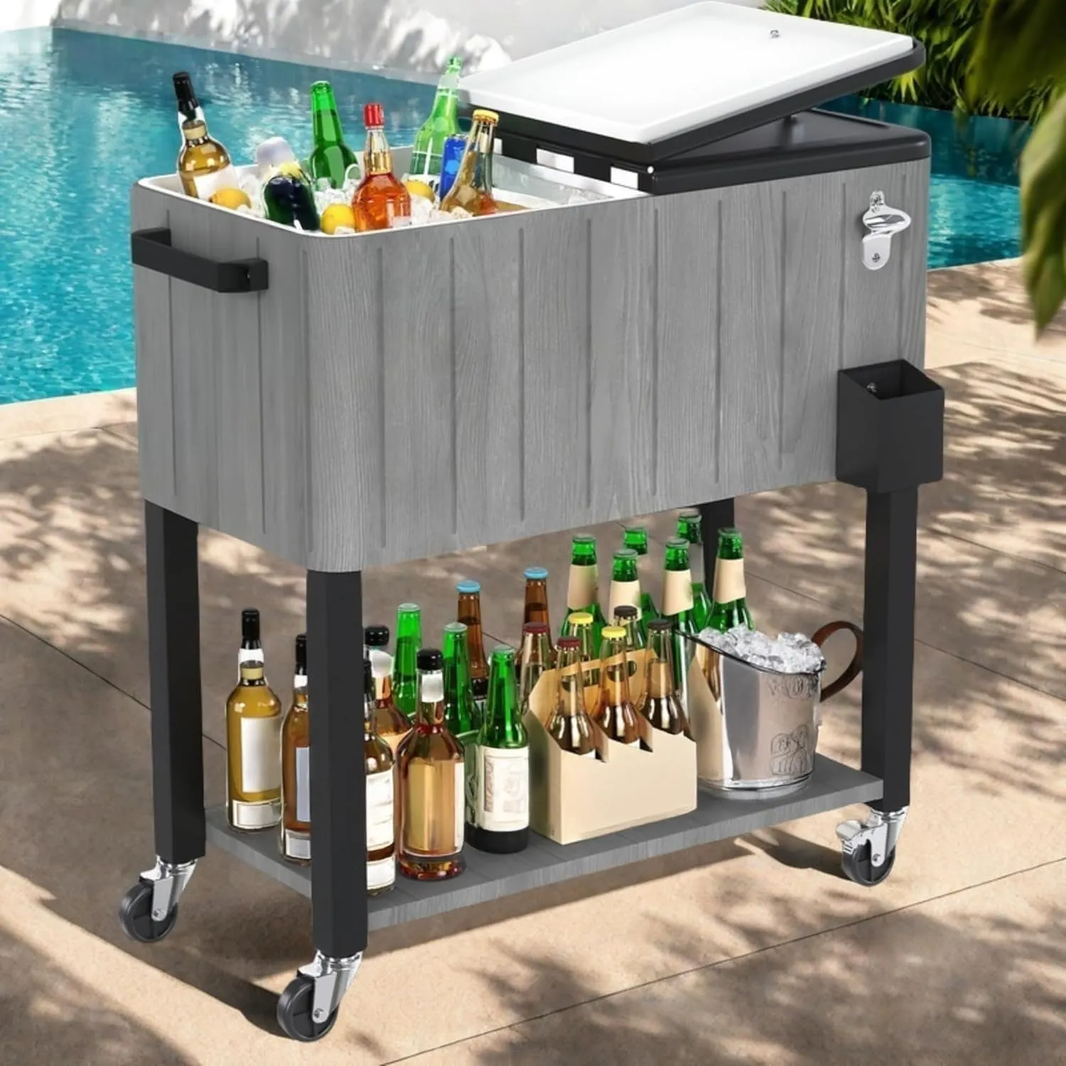DWVO Ice Chest with Wheels,80 Quart Rolling Cooler with Bottle Opener Drainage, Patio Cooler Cart, Rolling Ice Chest with Handle for Patio Pool Deck Party BBQ Cookouts