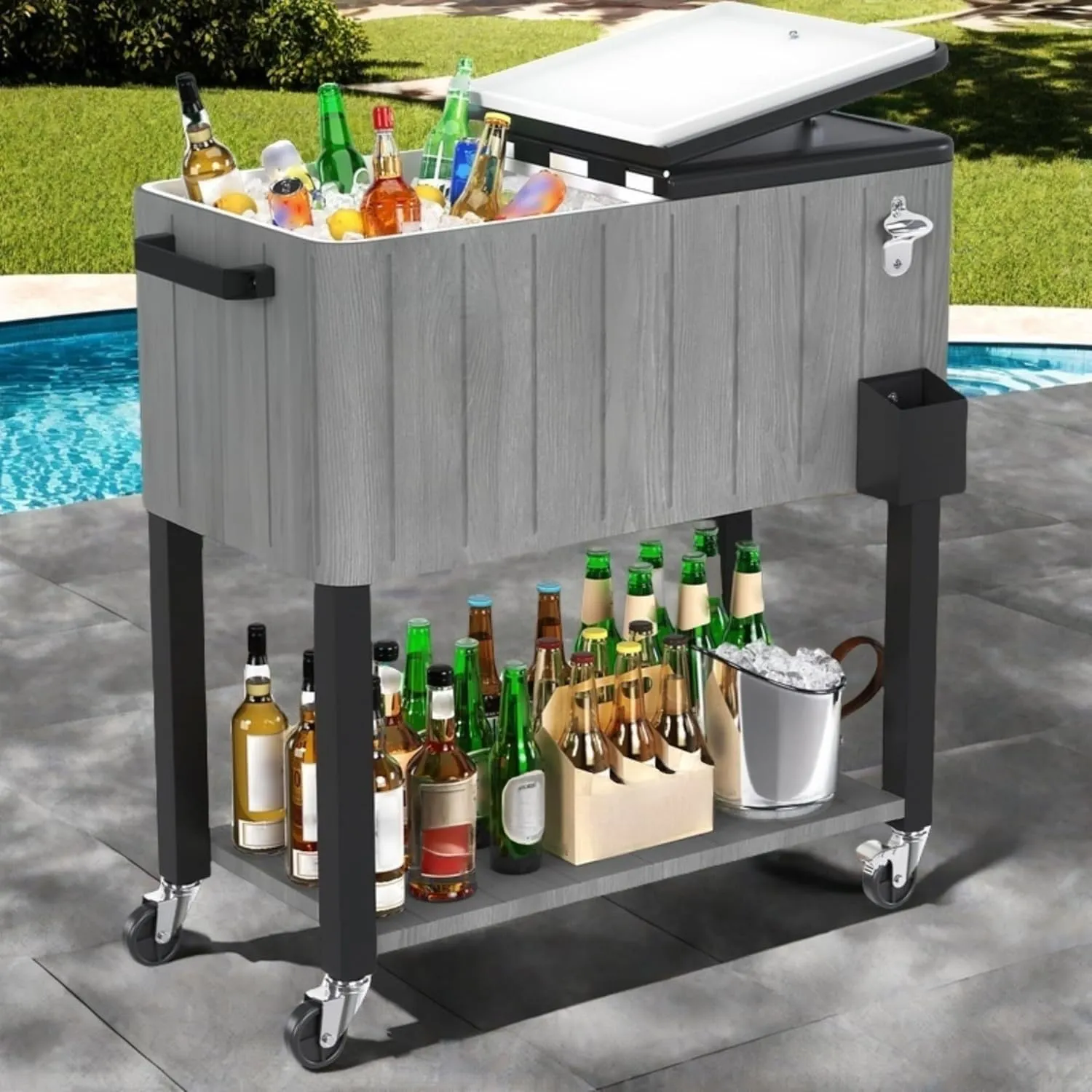 DWVO Ice Chest with Wheels,80 Quart Rolling Cooler with Bottle Opener Drainage, Patio Cooler Cart, Rolling Ice Chest with Handle for Patio Pool Deck Party BBQ Cookouts