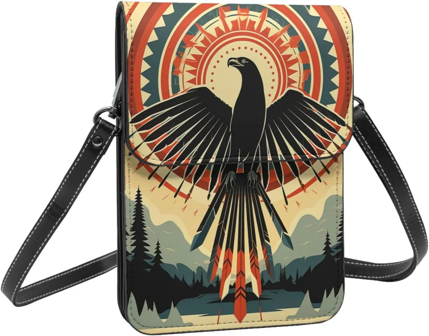 Eagle southwestern tribe native american crossbody cell phone purse for womens lightweight small soft leather fashion travel wallet with adjustable strap, Black