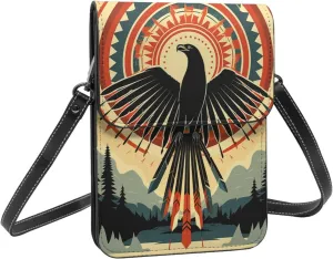 Eagle southwestern tribe native american crossbody cell phone purse for womens lightweight small soft leather fashion travel wallet with adjustable strap, Black