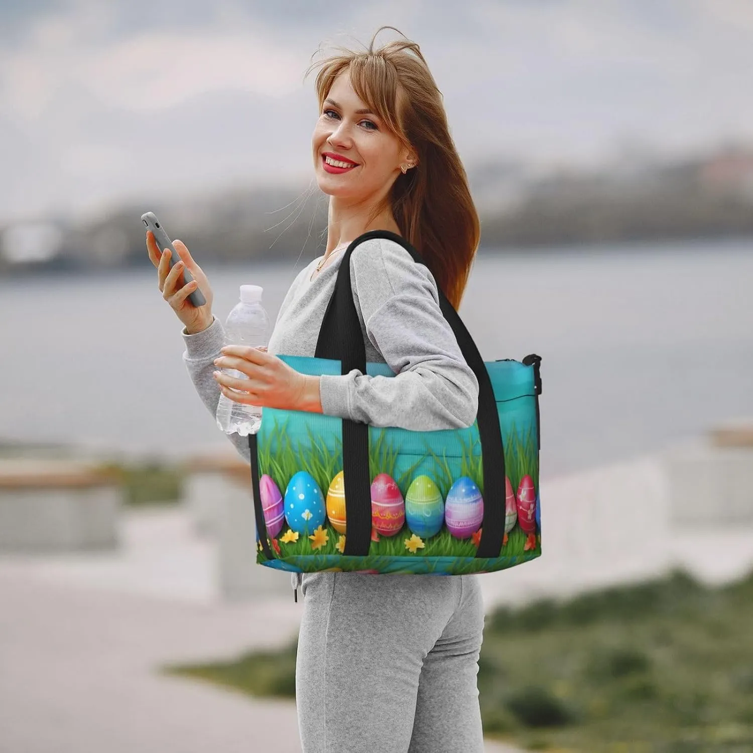 Easter Eggs Grass Travel Duffel Bags for Women Men, Sports Training Gym Bag Dance Bag with Adjustable Shoulder Strap Wooden Leaf Weekender Overnight Bag