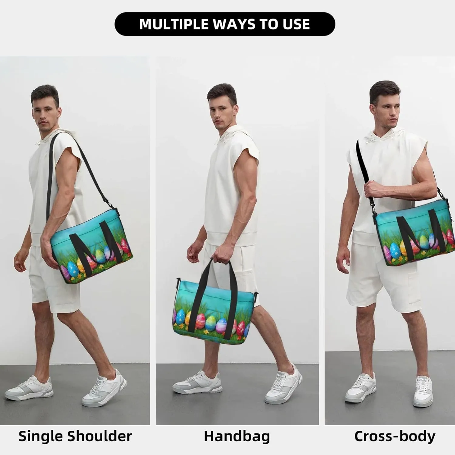 Easter Eggs Grass Travel Duffel Bags for Women Men, Sports Training Gym Bag Dance Bag with Adjustable Shoulder Strap Wooden Leaf Weekender Overnight Bag