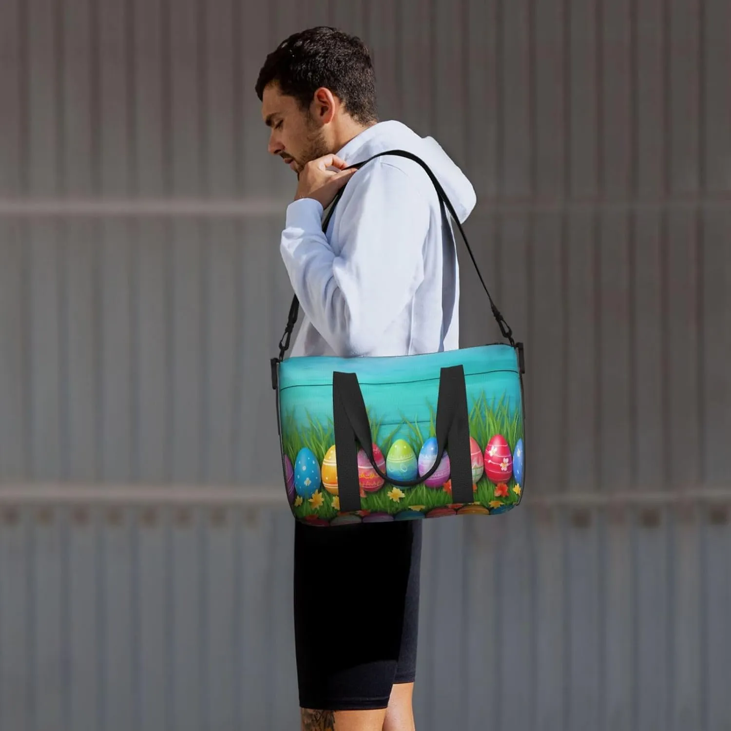 Easter Eggs Grass Travel Duffel Bags for Women Men, Sports Training Gym Bag Dance Bag with Adjustable Shoulder Strap Wooden Leaf Weekender Overnight Bag