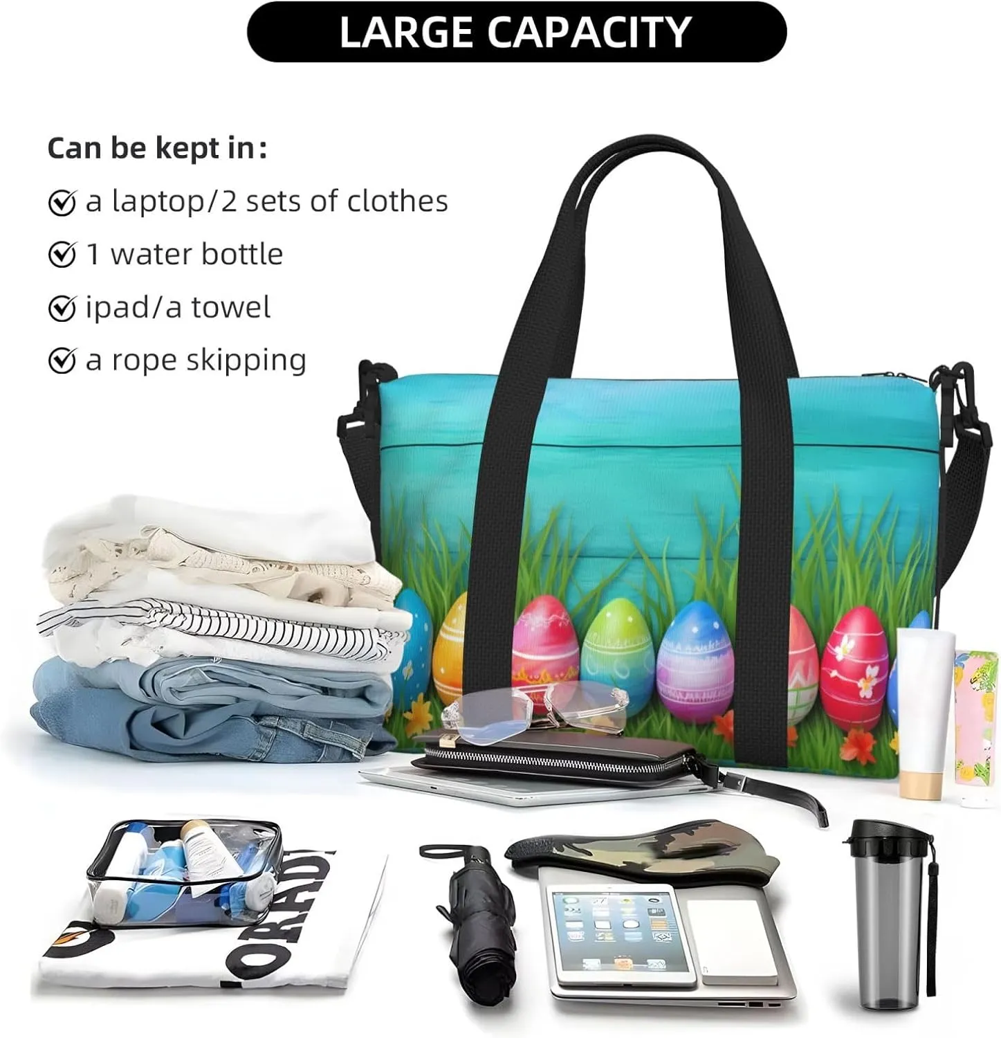 Easter Eggs Grass Travel Duffel Bags for Women Men, Sports Training Gym Bag Dance Bag with Adjustable Shoulder Strap Wooden Leaf Weekender Overnight Bag