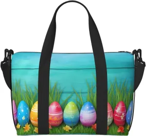 Easter Eggs Grass Travel Duffel Bags for Women Men, Sports Training Gym Bag Dance Bag with Adjustable Shoulder Strap Wooden Leaf Weekender Overnight Bag