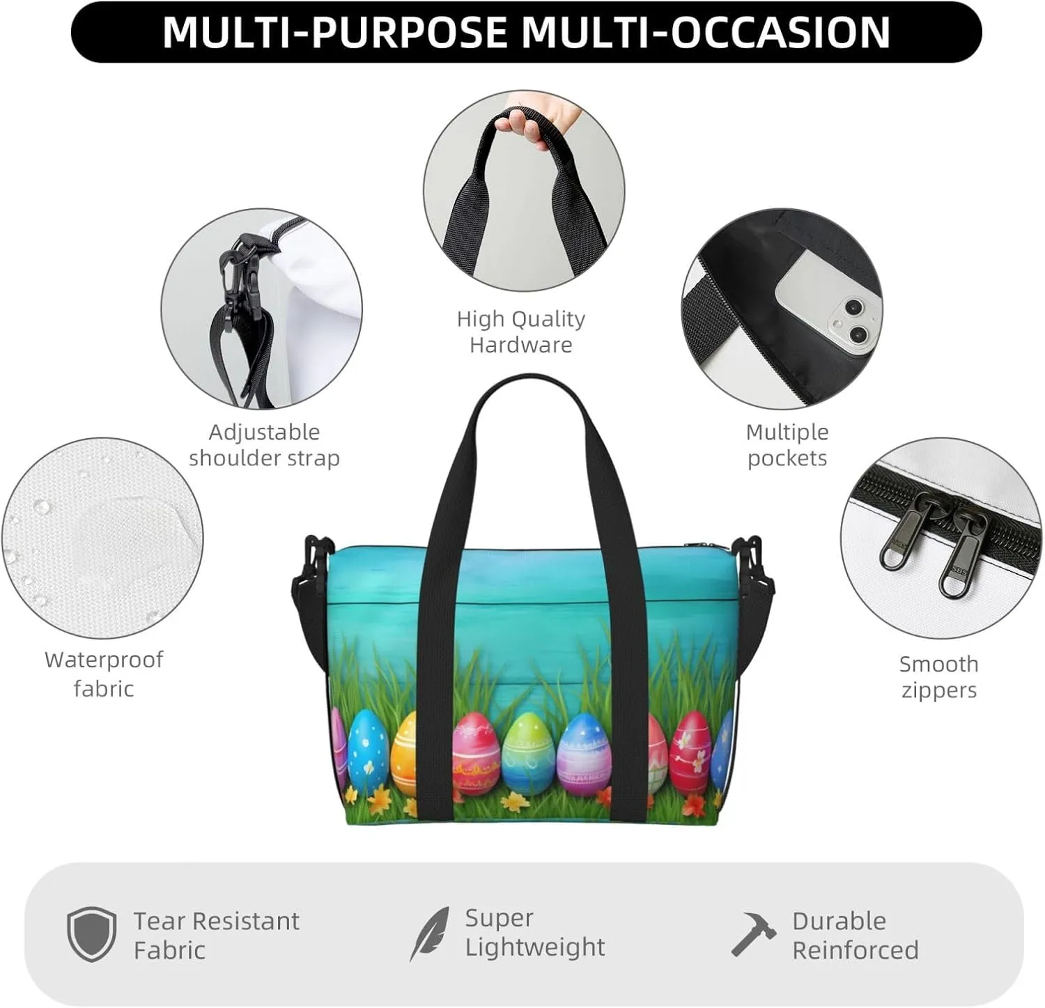 Easter Eggs Grass Travel Duffel Bags for Women Men, Sports Training Gym Bag Dance Bag with Adjustable Shoulder Strap Wooden Leaf Weekender Overnight Bag