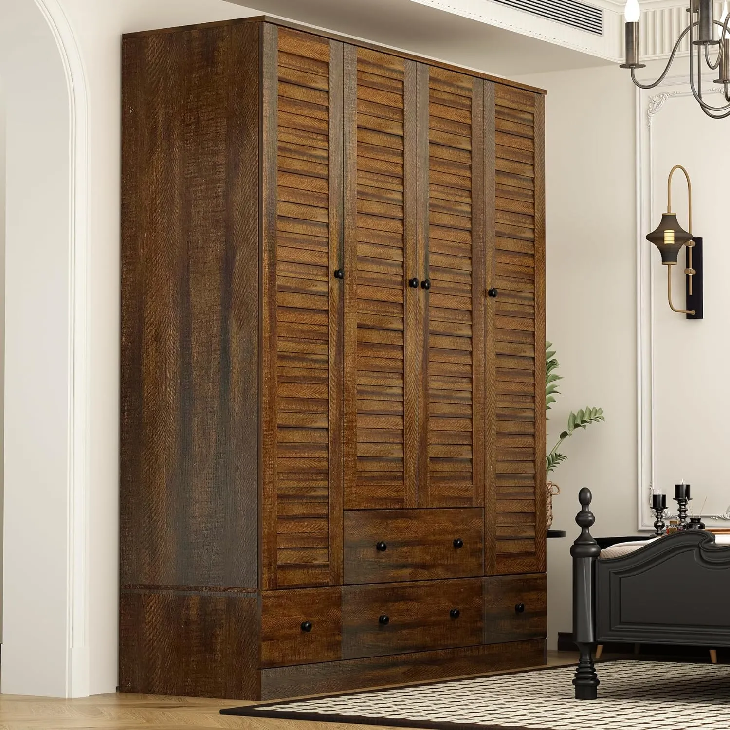 ECACAD Large Wardrobe Armoire with Multi-Tier Shelves, 5 Drawers, Hanging Rod & 4 Louver Doors, Wooden Closet Storage Cabinet for Bedroom, Black Brown (59.1”W x 19.1”D x 70.5”H)