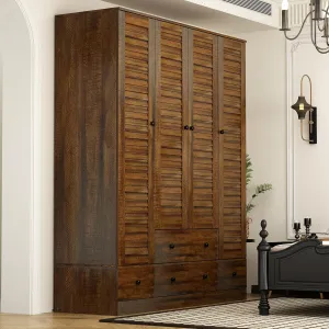 ECACAD Large Wardrobe Armoire with Multi-Tier Shelves, 5 Drawers, Hanging Rod & 4 Louver Doors, Wooden Closet Storage Cabinet for Bedroom, Black Brown (59.1”W x 19.1”D x 70.5”H)
