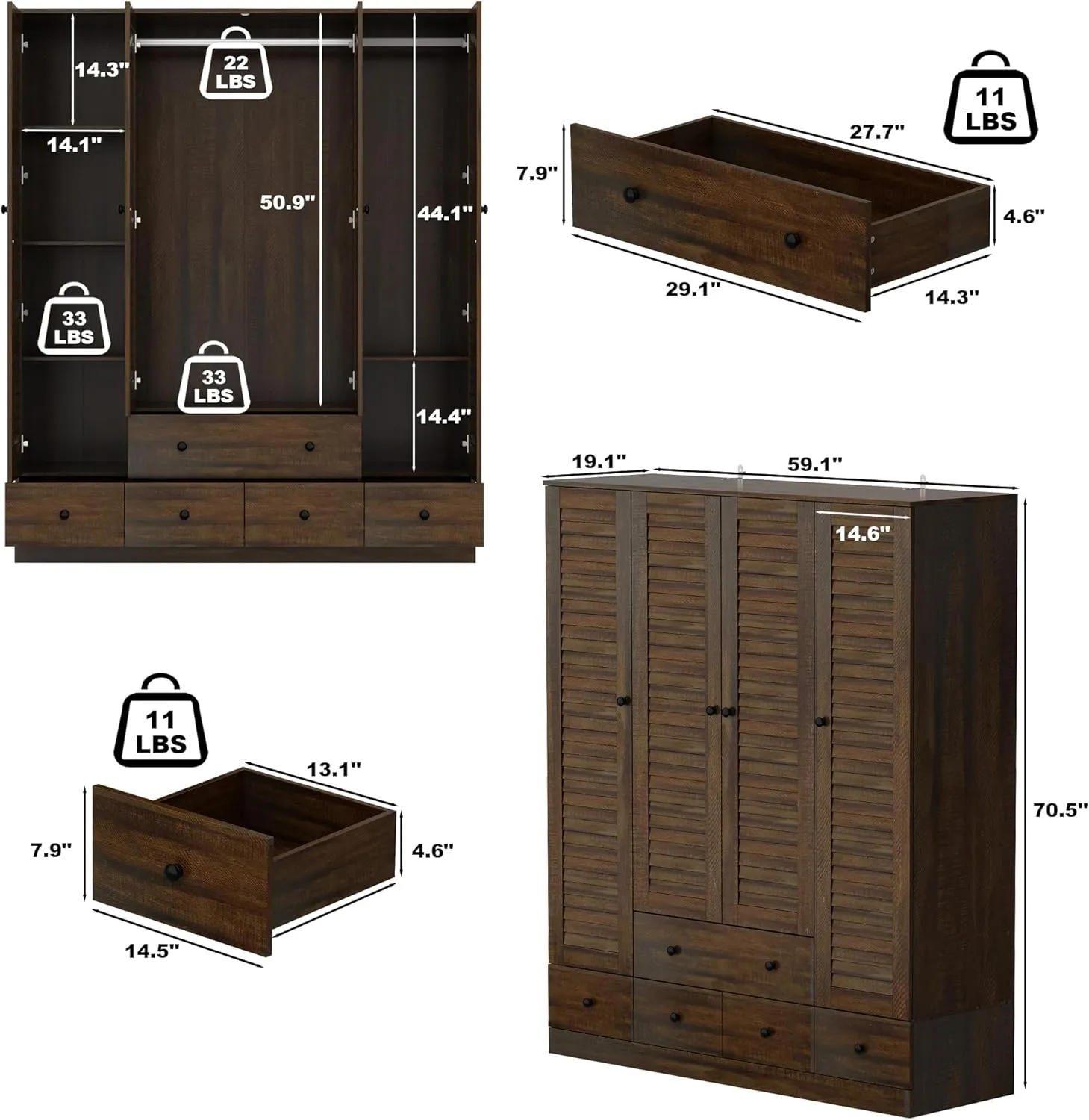 ECACAD Large Wardrobe Armoire with Multi-Tier Shelves, 5 Drawers, Hanging Rod & 4 Louver Doors, Wooden Closet Storage Cabinet for Bedroom, Black Brown (59.1”W x 19.1”D x 70.5”H)