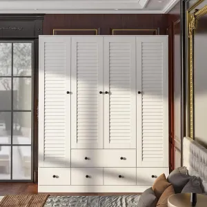ECACAD Large Wardrobe Armoire with Multi-Tier Shelves, 5 Drawers, Hanging Rod & 4 Louver Doors, Wooden Closet Storage Cabinet for Bedroom, White (59.06”W x 19.06”D x 70.47”H)
