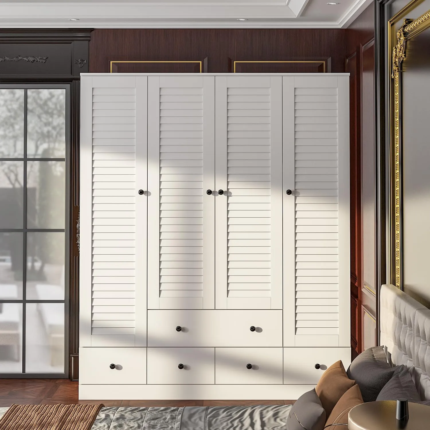 ECACAD Large Wardrobe Armoire with Multi-Tier Shelves, 5 Drawers, Hanging Rod & 4 Louver Doors, Wooden Closet Storage Cabinet for Bedroom, White (59.06”W x 19.06”D x 70.47”H)