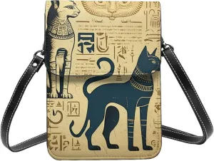 Egyptian Cat Ancient hieroglyphs vintage Leather Small Crossbody Bags for Women Cell Phone Bag Wallet Purses with Adjustable Strap, Black