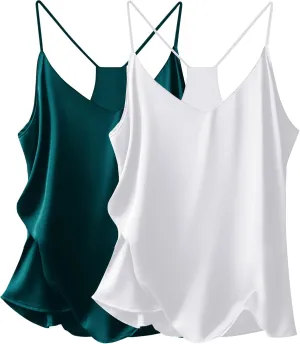 Ekouaer Womens Satin Cami Tops 2 Pack V Neck Silk Camisole Tank Top Spaghetti Strap Racerback Camis Blouse Shirt