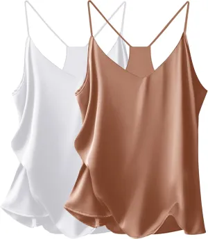 Ekouaer Womens Satin Cami Tops 2 Pack V Neck Silk Camisole Tank Top Spaghetti Strap Racerback Camis Blouse Shirt