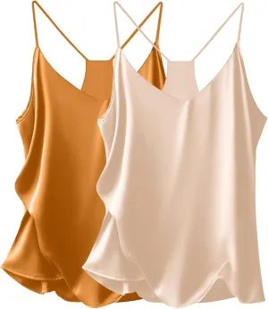 Ekouaer Womens Satin Cami Tops 2 Pack V Neck Silk Camisole Tank Top Spaghetti Strap Racerback Camis Blouse Shirt