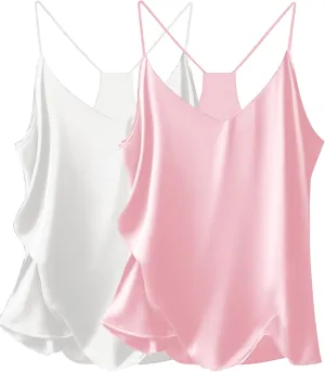 Ekouaer Womens Satin Cami Tops 2 Pack V Neck Silk Camisole Tank Top Spaghetti Strap Racerback Camis Blouse Shirt