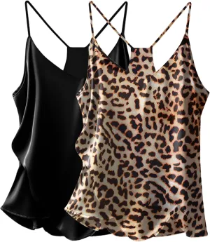 Ekouaer Womens Satin Cami Tops 2 Pack V Neck Silk Camisole Tank Top Spaghetti Strap Racerback Camis Blouse Shirt